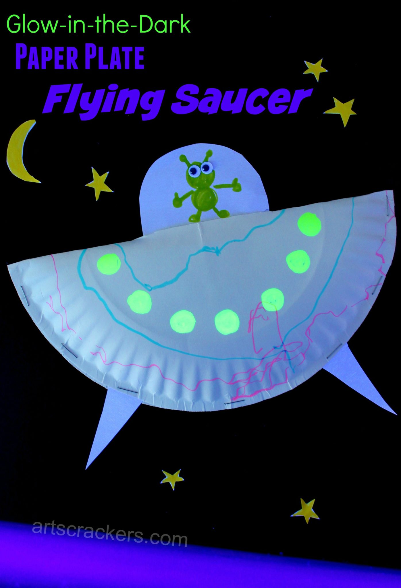 Paper Plate Flying Saucer Craft. Click the picture to view the tutorial and watch it glow!