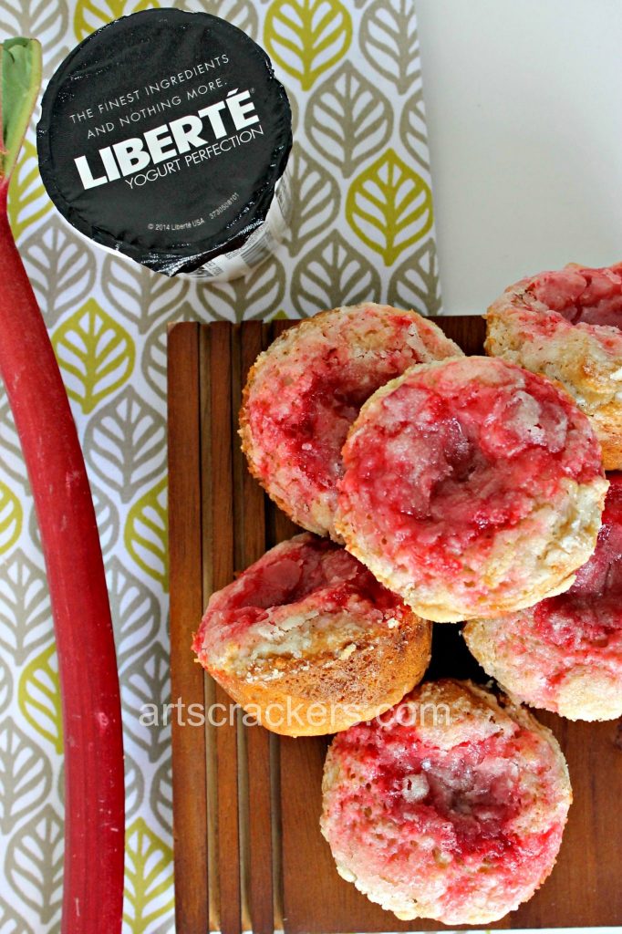 Strawberry Yogurt and Rhubarb Muffins with Liberte Mediterranee. Click the picture to get the recipe.