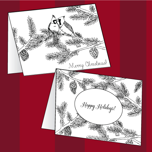 Printable 'Cardinals and Pine' Merry Christmas/Happy Holidays cards you can color