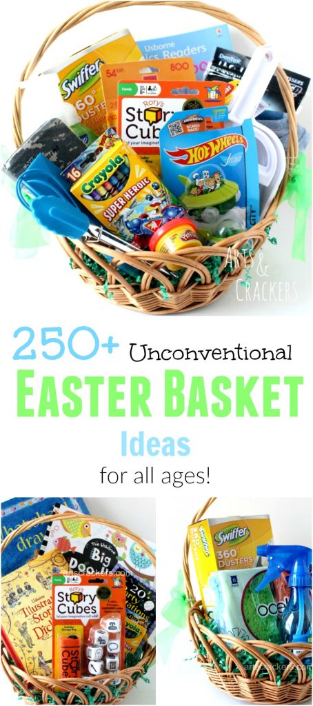 Here is a huge list of over 250 non-candy Easter basket fillers, from Baby's First Easter to Basket Ideas for Craft Lovers!