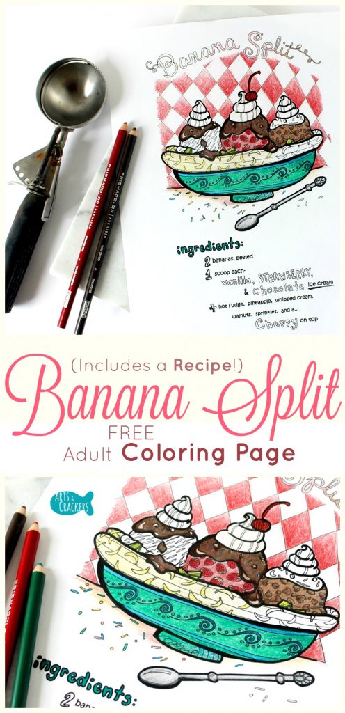 This banana split adult coloring page is fun to color in and even includes a recipe. Print it out, color it in, and file it away with your recipes. Banana Split | Ice Cream | Adult Coloring | Coloring Pages | FREE Printable | FREE Adult Coloring Page | Recipe | Digital Art | Dessert | Food | Retro