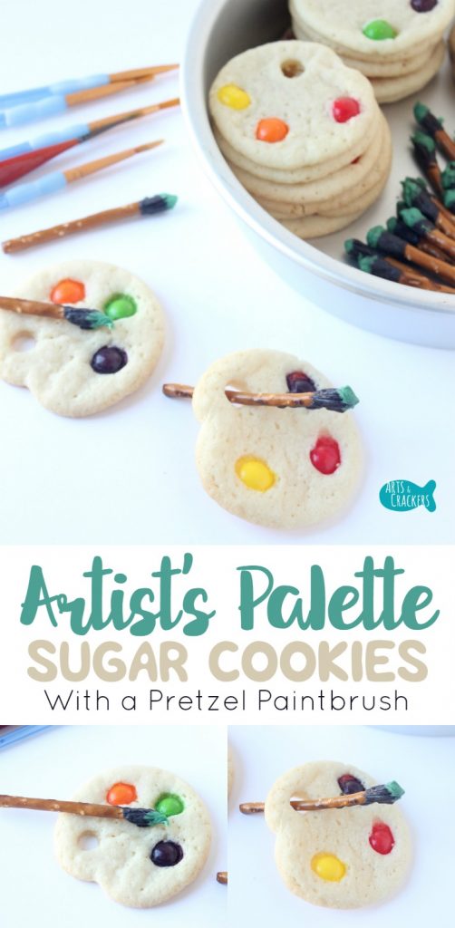 Artists big and small will love these simple Artist Palette Sugar Cookies with Pretzel Paintbrushes | Cookies | Sugar Cookies | Shaped Sugar Cookies | Dessert | Edible Crafts | Art | Artist | Painting | Skittles | Treats for Kids | Party Food | Baking | Sweets | Artsy | Coloring | Party | Color | School Treats | Art Teacher