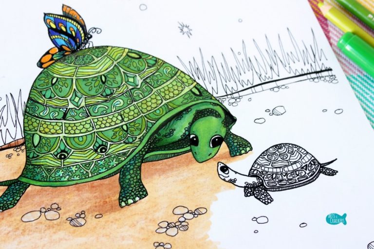 "Turtles Together" Turtle Coloring Page for Adults - Arts and Crackers