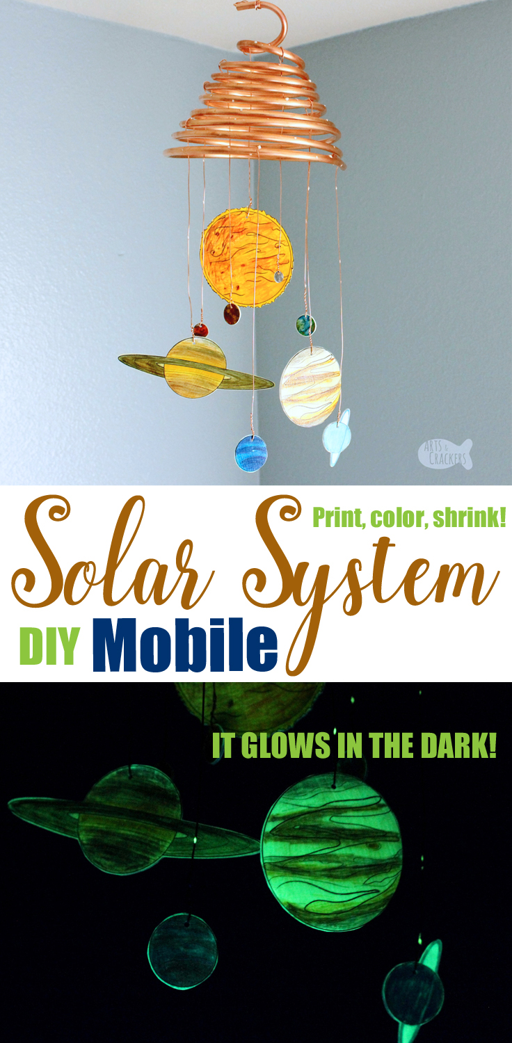 Make your own Glow-in-the-Dark Solar System Mobile with this Printable Shrink Art Template / Solar System Coloring Page. This Outer Space Home Decor really is out of this world | hanging mobile | educational activities | learning activities for kids | outer space decor | kids room decor | shrink paper | glow in the dark | glowing room decor | science decor | copper decor | planets