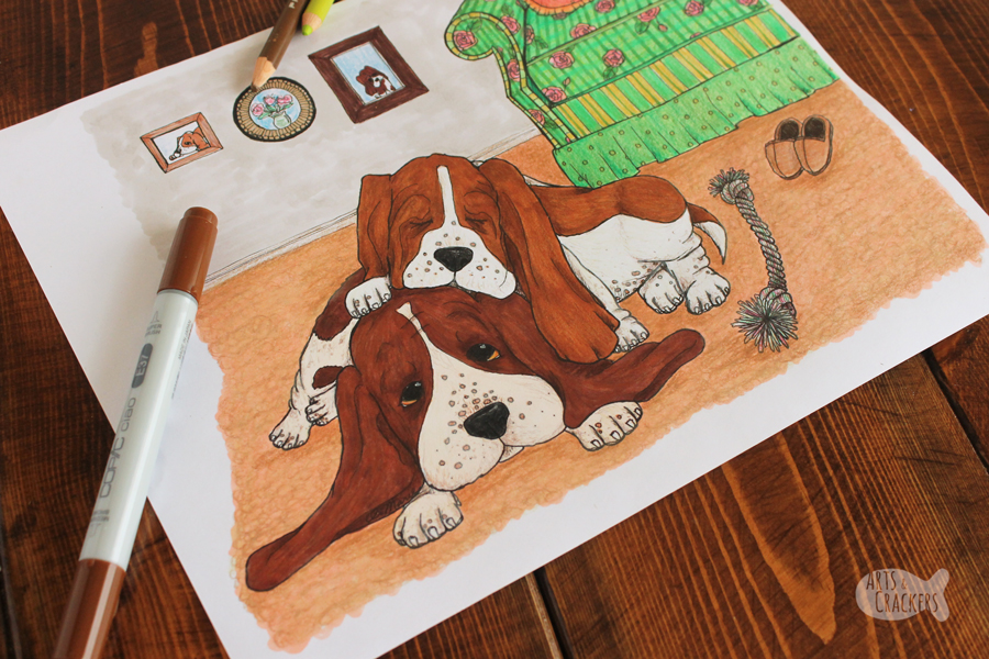 Two basset hounds snuggle together, Baby sleeping awkwardly on its mama in this vintage-style Basset Hound Life dog coloring page for adults | adult coloring | printables | puppies | stress relief | coloring therapy | #doglovers #coloringpage #artwork #printables #coloringbook #adultcoloring
