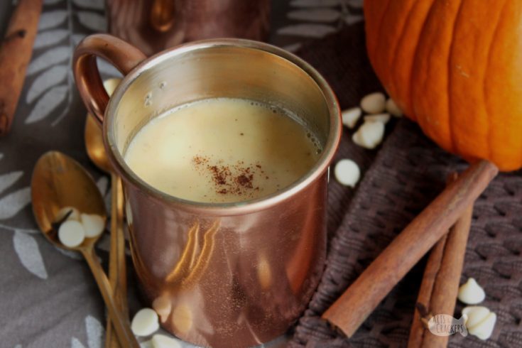 This delicious twist on a classic hot chocolate will be a new fall favorite—it's a gluten-free Pumpkin Pie Hot Chocolate! Gluten-free recipes | Gluten-free drinks | Crock pot hot chocolate | Slow cooker hot chocolate | white chocolate hot chocolate | warm beverages | Thanksgiving beverage recipes #glutenfree #thanksgiving #beverages #slowcooker #recipe