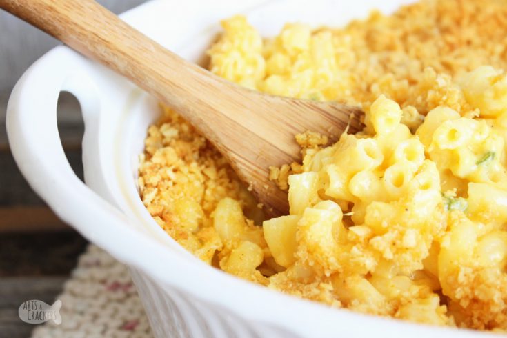 The whole family will love this baked gluten-free macaroni and cheese recipe, complete with 6 cheeses, a crunchy topping and a kick of spice | baked mac and cheese | gluten free baked macaroni | spicy macaroni and cheese | southern baked mac and cheese | gluten free recipe | Thanksgiving sides | lunch recipes | dinner recipes | family dinner | casserole recipe | pasta recipe | gluten free pasta