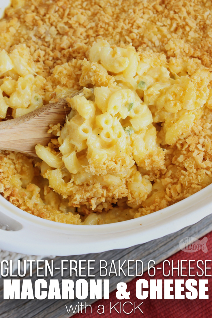 The whole family will love this baked gluten-free macaroni and cheese recipe, complete with 6 cheeses, a crunchy topping and a kick of spice | baked mac and cheese | gluten free baked macaroni | spicy macaroni and cheese | southern baked mac and cheese | gluten free recipe | Thanksgiving sides | lunch recipes | dinner recipes | family dinner | casserole recipe | pasta recipe | gluten free pasta