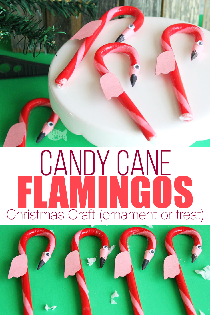 This cute DIY Flamingo Candy Cane Craft for Christmas is fun for a Hawaiian Christmas party or for our Alice in Winter Wonderland Christmas party theme | kid crafts | flamingo craft | candy cane treat | flamingo candy cane | edible flamingo treat | fun food ideas | edible craft | Christmas candy cane ornament | flamingo ornament #christmas #kidscrafts #flamingo