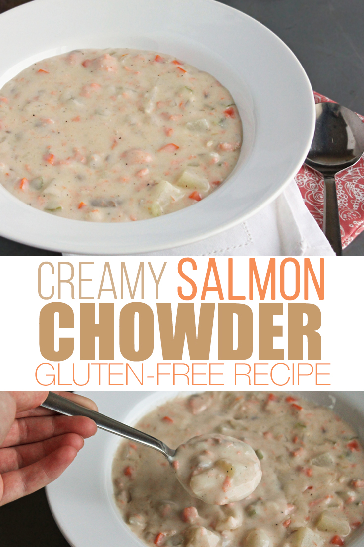 This creamy gluten-free salmon chowder is a fun and delicious twist on classic chowder. It is simple to make and the the salmon and vegetables add a hearty texture | salmon chowder | gluten free recipe | gluten free chowder | gluten-free | easy salmon recipe | salmon soup | chowder soup recipe | how to make chowder | soup recipes | winter recipes
