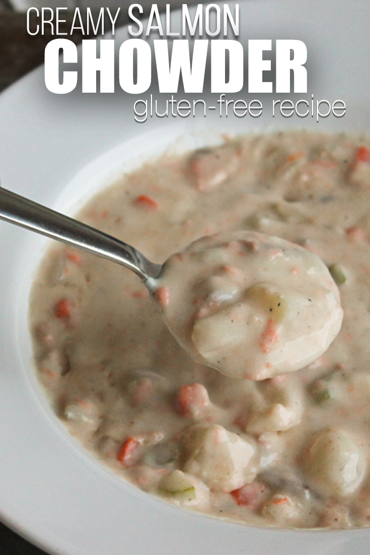 This creamy gluten-free salmon chowder is a fun and delicious twist on classic chowder. It is simple to make and the the salmon and vegetables add a hearty texture | salmon chowder | gluten free recipe | gluten free chowder | gluten-free | easy salmon recipe | salmon soup | chowder soup recipe | how to make chowder | soup recipes | winter recipes
