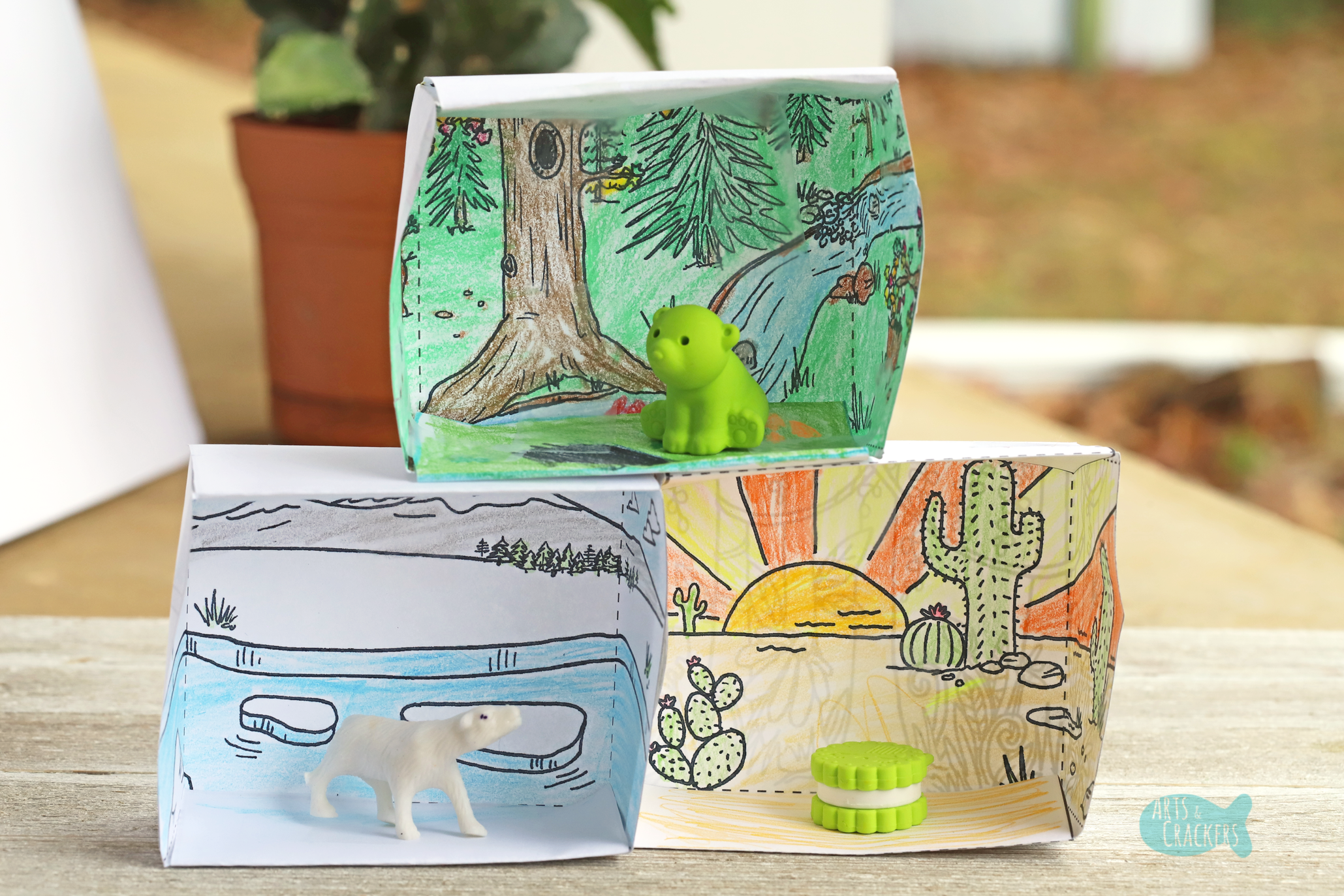 Color, cut, fold, and assemble these adorable animal habitat dioramas. These are fun for trick-or-treaters, zoo birthday party favors, classroom activities for animal units, book reports, and more! 3D Paper Box Template | Animal Habitats | Animal Lesson Plans | Paper Craft | Coloring Pages | Kids Party Favors | Kids Crafts | Kids Activities | Educational Activities | Printables | #trickortreat #coloringpage #kidsactivity @papercraft